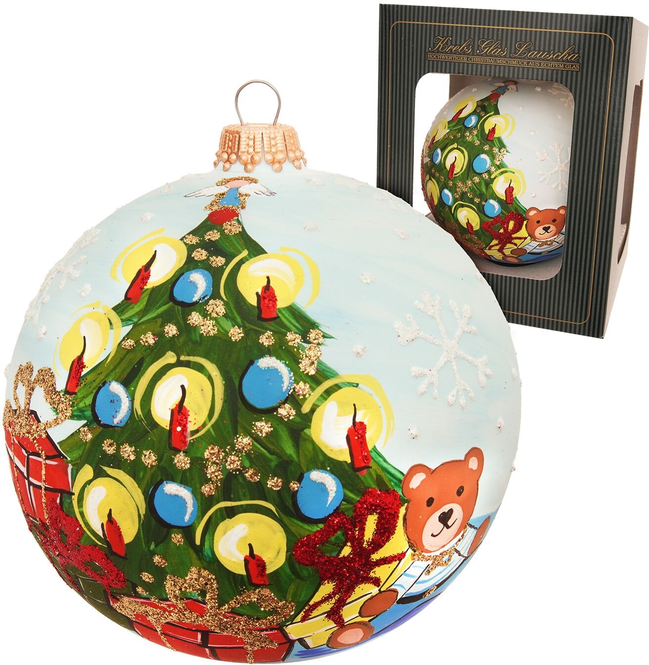 Weihnachtsbaumkugel KREBS GLAS LAUSCHA "Weihnachtskugel Christbaum & Bär blau 10cm", bunt (blau), B:10cm H:10cm T:10cm Ø:10cm, Glas, Weihnachtsbaumkugeln, Weihnachtsbaumkugel, Dekoriert mit Liebe zum Detail blau 10cm