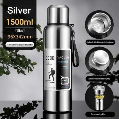 Uplifted Finds Large Capacity Cold Thermal Thermos Tumbler Stainless Steel Insulated Tea Coffee Water Bottle Insulation Flask Pot Trave silver 1500 Ml