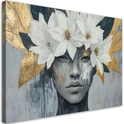 WANDBILD frau mit blumen auf dem kopf. grau und gold