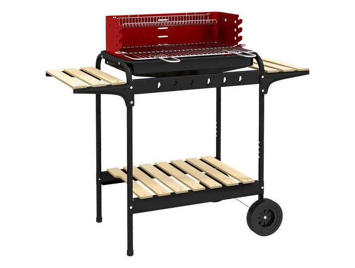 Outsunny Holzkohlegrill aus Metall mit Räder, Rot, 47x95x103 cm, Grills, Holzkohlegriller