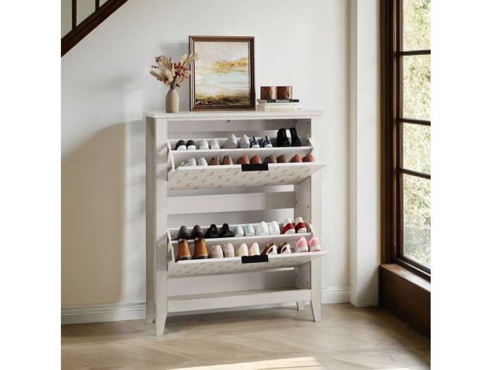 WOVREO Meuble à chaussures vintage blanc 80 cm avec 2 abattants rangement d'entrée en MDF