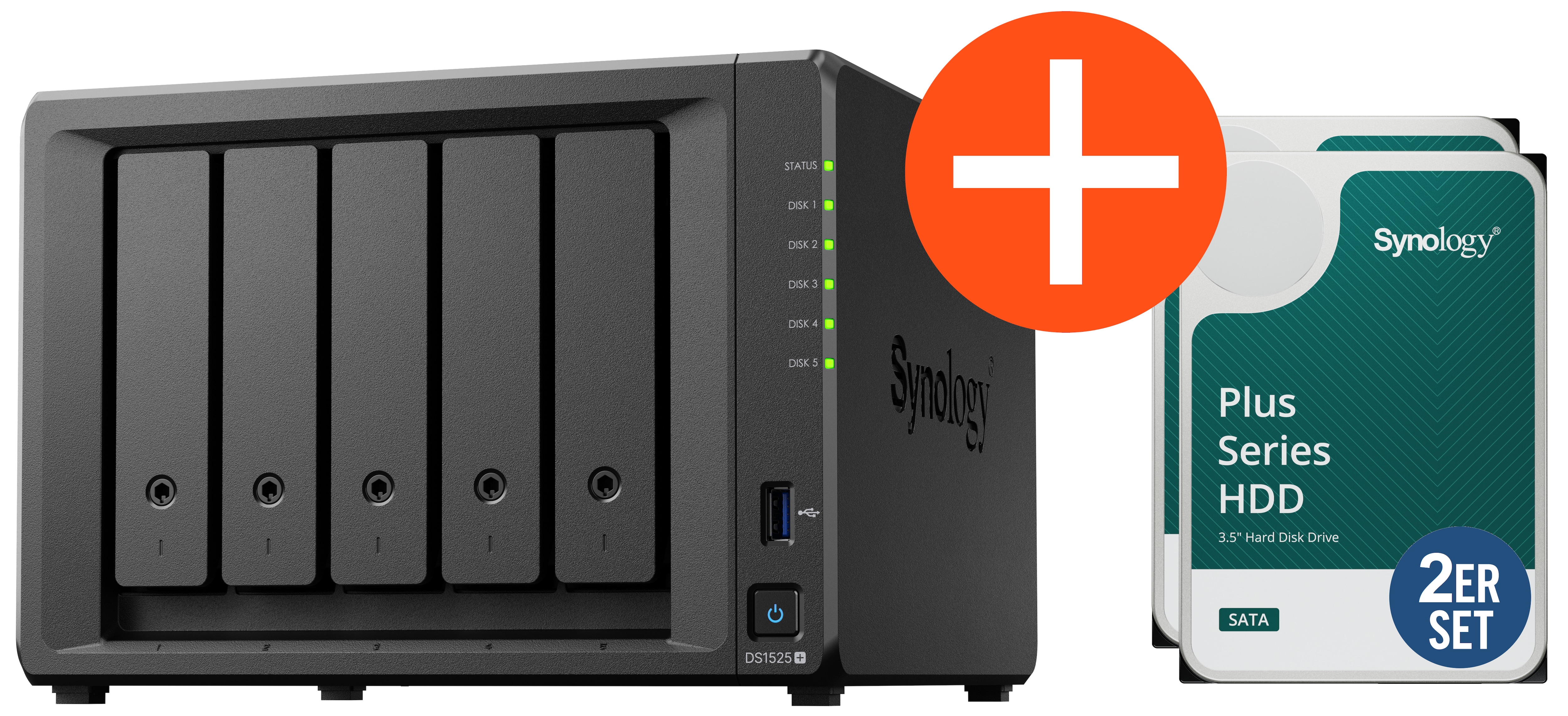 Synology DS1525+ NAS System 5-Bay 8 TB inkl. 2x 4 TB Synology HDD HAT3300-4T DS1525+ 2x HAT3300-4T