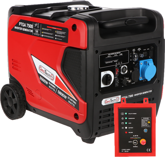 GeoTech Pro PTGA 7500 - Leiser Inverter-Stromerzeuger mit Rädern 5,8 kw - Dauerleistung 5,5 kw - 230V + ATS
