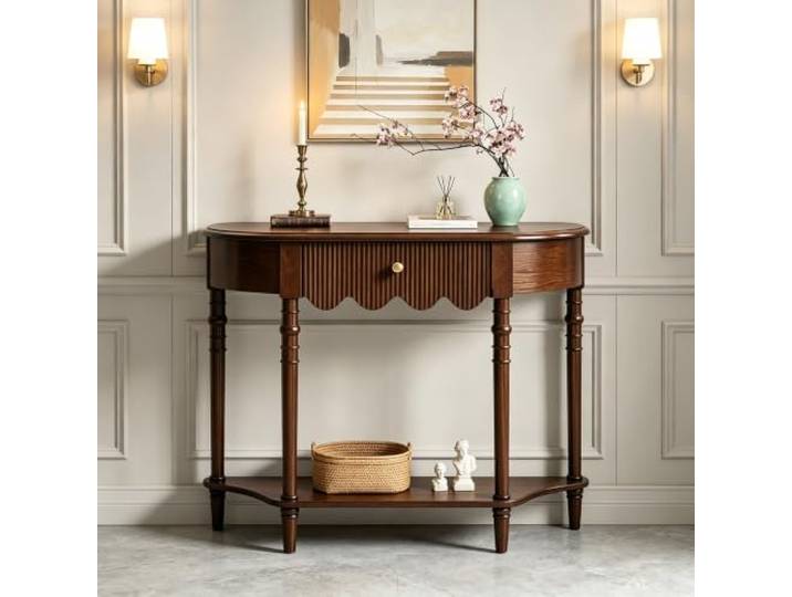 Massivholz Konsolentisch Mit Schublade, Schmaler Flurtisch Halbrund Massivholz-Konstruktion, Platzsparendes Design, Vintage-Akzente, Einfache Montage(Brown,43.3inW/110cm)