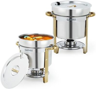 Garvee Round Soup Chafer, Stainless Steel Soup Warmer with Pot, Notched Lids & Fuel Holders, Commercial Food Warmer, Gold
