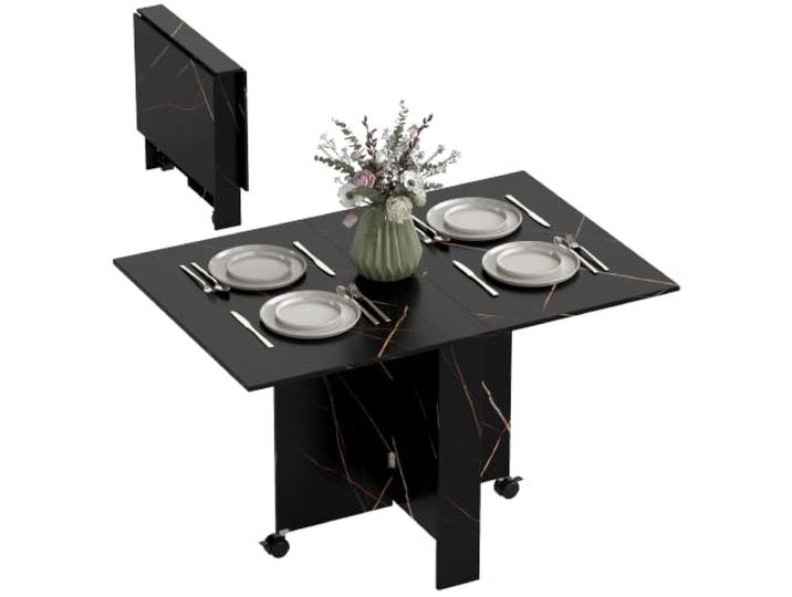 HOMCOM Klapptisch Küche, Esstisch klappbar, mit 2 Klappen, 2 Räder mit Bremsen, für 6 Personen, Belastung 20 kg, 120 x 80 x 73 cm, schwarz marmoriert Nachbildung