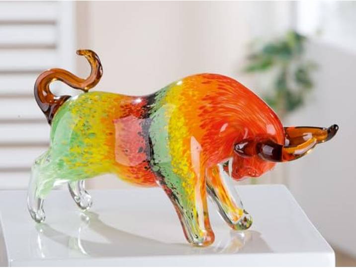 GILDE GLAS art Figurine décorative Taureau - Sculpture Animale fabriquée à la Main - Verre Massif teinté dans la Masse - Cadeau et décoration - Multicolore - Largeur 30 cm