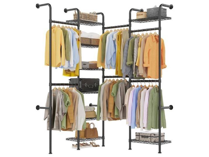 Étagère murale industrielle 4 rangées tringles extensibles 60-90 cm 8 clayettes métalliques rangement penderie 1000 lb