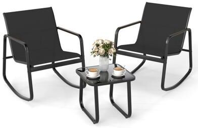 Costway 2 Rocking Bistro Chairs and Glass-Top Table for Porch Yard Balcony-Black