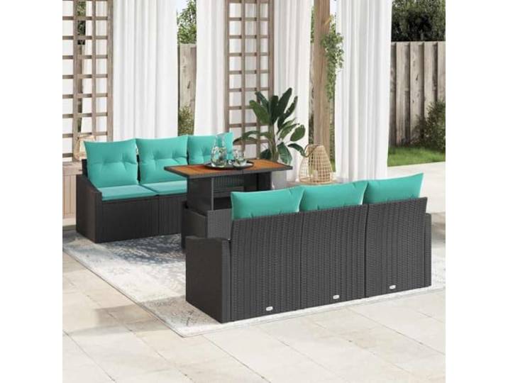 YUTAASU Garten-Esszimmer-Set 7-TLG., 6-Sitzer, Schwarz und Türkis Poly Rattan mit Akazienholz, Modulares Design, Stauraum-Sofas, UV-beständig, Für Terrasse und Balkon
