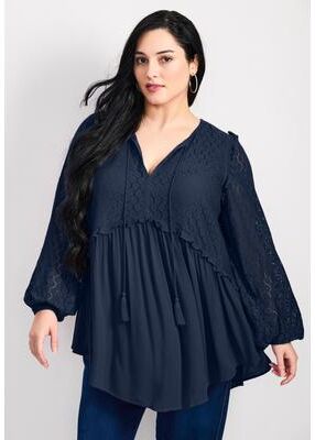 Plus Size Women's Haven Lace Yoke Top by Avenue in Navy (Size 18)