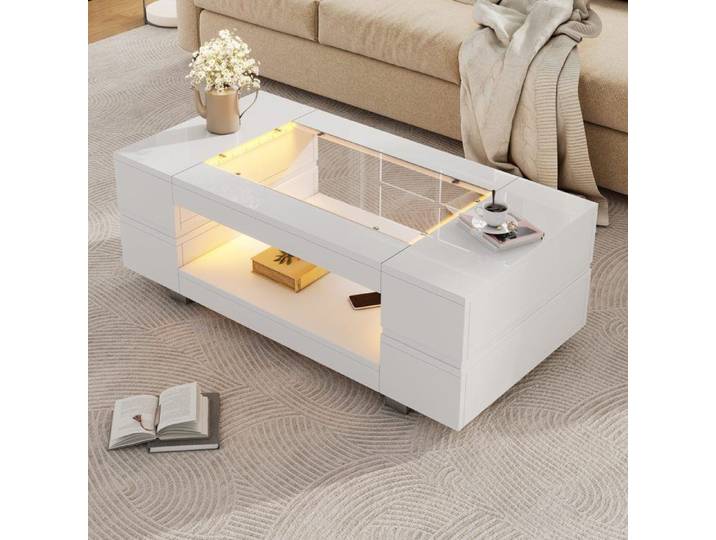 Table basse brillant blanc 100x50x35cm Table basse salon moderne en bois avec éclairage LED et rangement