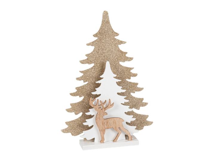 Weihnachtsdeko leuchtender Baum, weiß mit Glitzer und beigefarbenem Hirsch