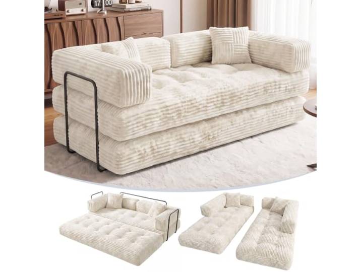 NOVOYO Schlafsofa ohne Knochen, 5-in-1 Schlafcouch mit hochdichtem Schaumstoff, Keine Montage Cord-Schlafsofa, klappbares Ausziehbett für Wohnzimmer, Schlafzimmer & Wohnung