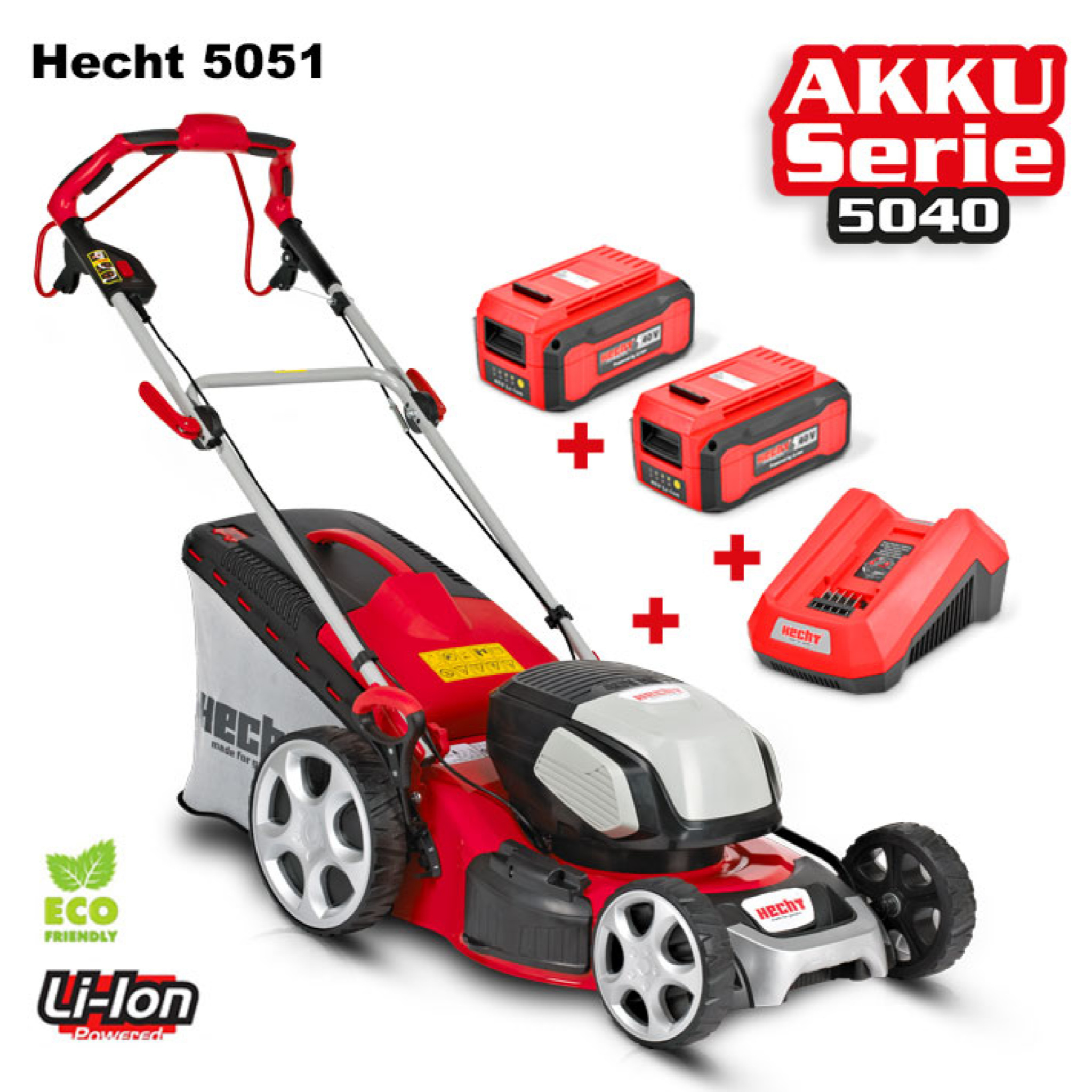 HECHT 5051 Rasenmäher Akku mit Antrieb | 51 cm Schnittbreite | 5in1 | 60 L Fangkorb | 2x 40V 4Ah Akkus und Ladegerät
