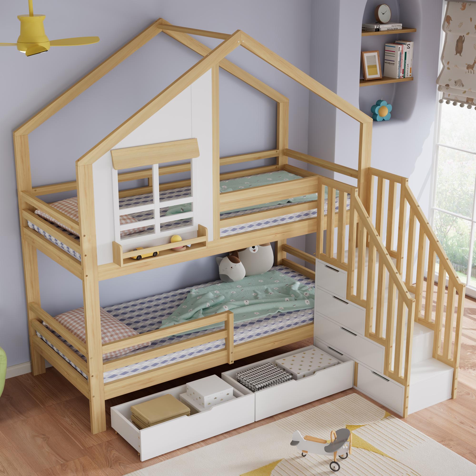 STILVORA Etagenbett 90x200 cm als Kinderbett mit 2 Schubladen auf Rollen, Hochbett mit Sicherheitsleiter und Handläufen, Holzbett Weiß+Natur