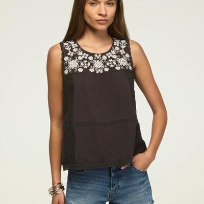 Lucky Brand Embroidered Yoke Tank - Women's Clothing Tops Tank Top in Raven, Size L