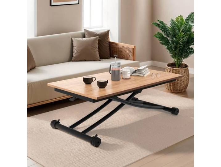 Table basse fixe relevable en table à manger rectangulaire URBANA 100 cm bois et noir design industriel