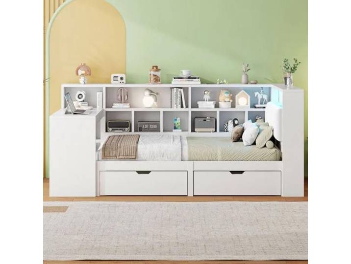 Lit plateforme L 90x200 avec bureau intégré bibliothèque ouverte tiroirs et LED gain de place pour chambre ado Blanc LIT COMBINE