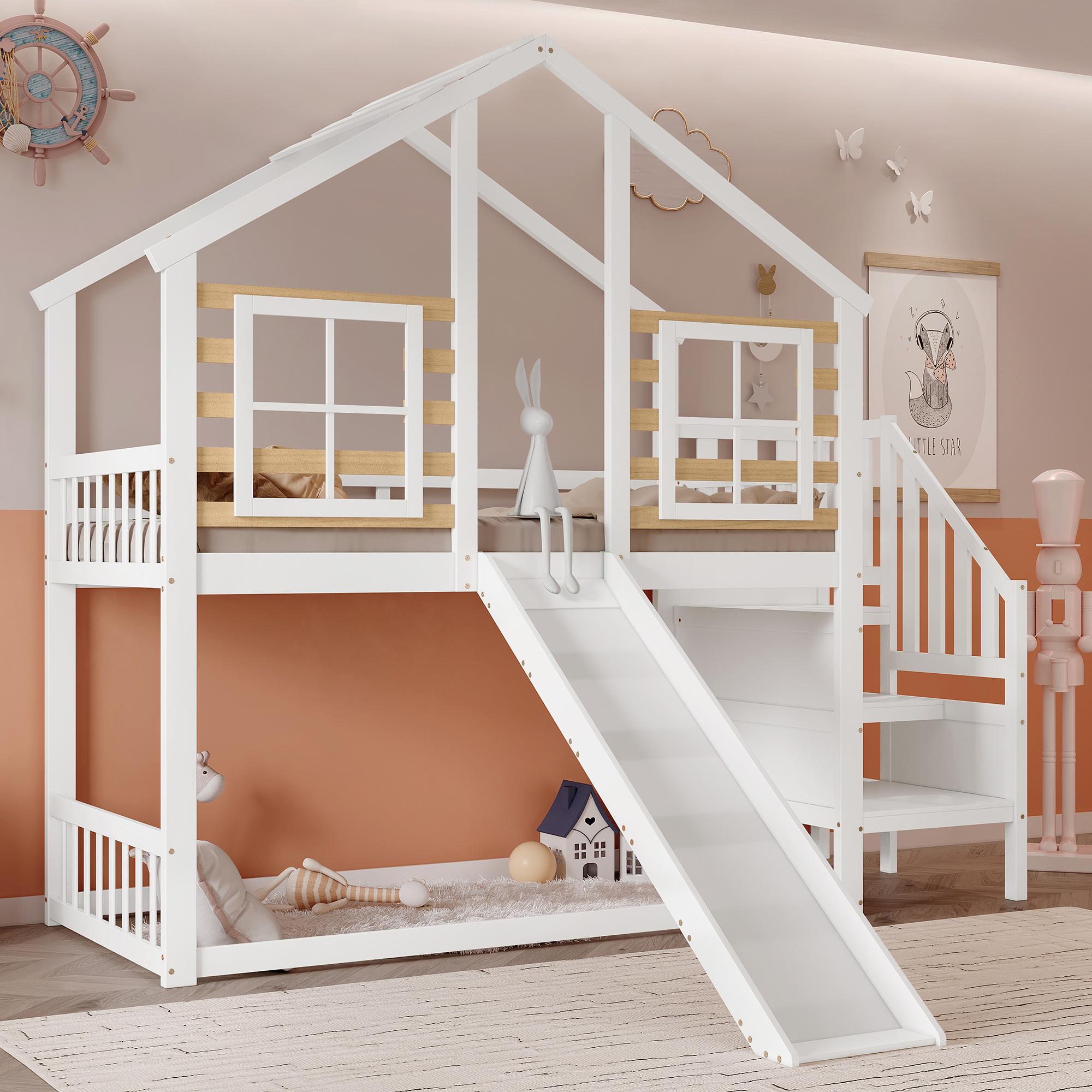 Merax Etagenbett 90x200 cm mit Rutsche, Gitter & Fenster, Blockhaus Kinderbett aus Massivholz mit Treppe,, sicheres Spielbett, Weiß