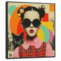 LEINWAND Bilder mit Rahmen - Mädchen - Sonnenbrille - Katze - Retro - 90x90
