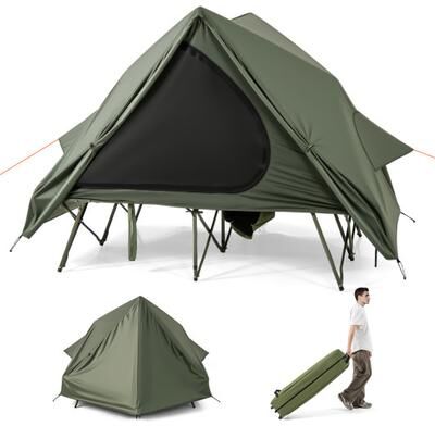 Costway Foldable 2-Person Camping Cot Tent with Pop-up Tent Shelter and Portable Wheeled Bag-Green