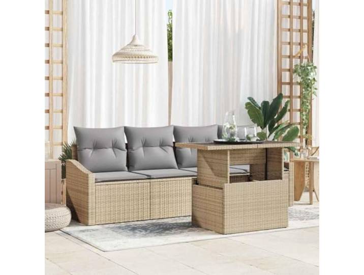 HEFZGDB Garten-Sofa-Set 5 pcs Beige und Hellgrau Poly-Rattan Modulares Sofa mit Kissen für Terrasse