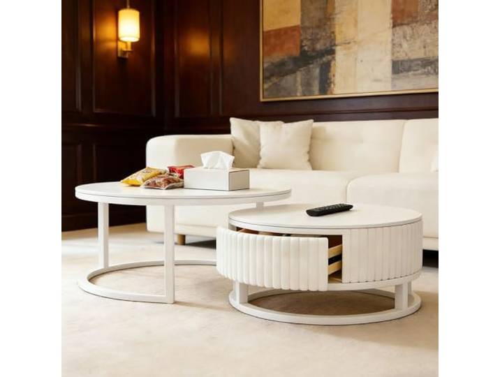 HRXQ Marmor Couchtisch Rund Weiss Mit Stauraum 2er Set 50+70cm Runder Couchtische Wohnzimmertisch Nested Beistelltisch Tischplatte Aus Verschleiß- Und Hitzebeständigem Stein