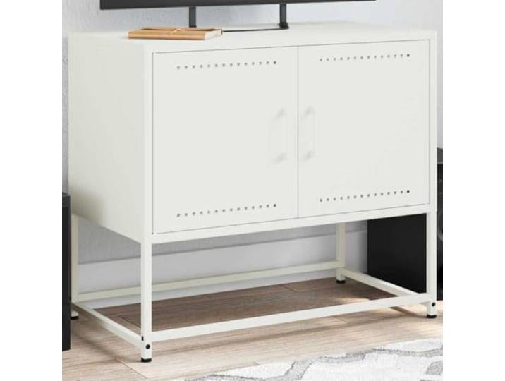 HEFZGDB TV-Schrank Weiß 68,5x39x60,5 cm Stahl Industrie-Stil mit 2 Fächern Stauraum für Multimedia-Geräte und Bücher, Robustes stabiles Gestell, Einfache Reinigung, Wandhalterung