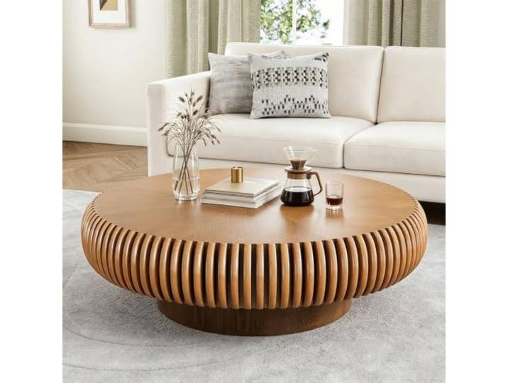 YAOBAO Runder Geriffelter Couchtisch mit Stabiler Säulenbasis – Moderner Trommel-Couchtisch aus Holz, Runder Mitteltisch für Wohnzimmer, Wohnung, Empfangsbereich oder Büro (Brown Round 100cm)