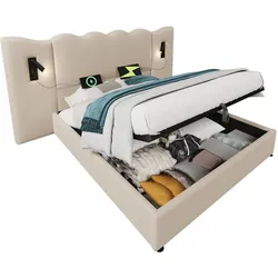 Polsterbett 160x200 cm mit Leselampe und USB-C Ladefunktion – hydraulisches Stauraumbett aus Leinen Beige