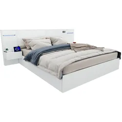 Doppelbett 160x200 cm mit USB-Anschluss, Bluetooth-Lautsprechern und LED-Lichtern – modernes Design in Weiß mit praktischen Funktionen