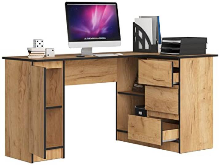 BDW Eckschreibtisch Rechts, 3 Schubladen und 4 Einlegeböden, viel Platz zum Ausbreiten, für Jugendzimmer, Büros und Ateliers, Computertisch, Arbeitstisch, Bürotisch, 155x77x99, Eiche Craft
