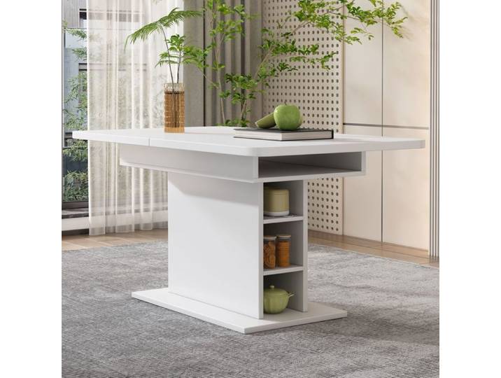 URTR Table à manger rectangulaire extensible 110/130x70x75cm - Rangement avec compartiments ouvert - Panneaux de particules - Blanc