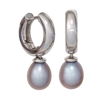 Perlenohrringe JOBO "Creolen mit Perlen 23 mm", silber (weißgold 585), Ohrringe, Damen, Perlen Weißgold 585, Perlen, Weißgold 585, 14 Karat 585 Weißgold