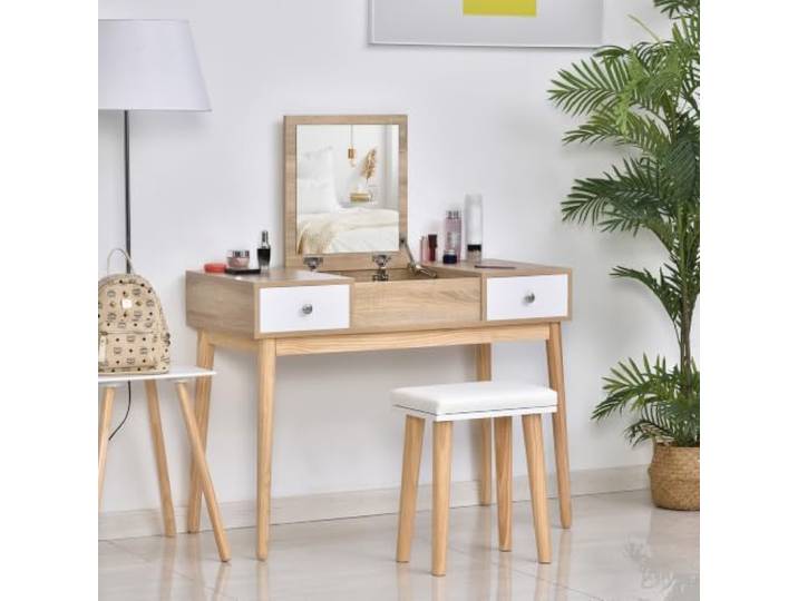 HOMCOM Frisiertisch mit Spiegel & Hocker 2 Schubladen 100x45x118 cm Natur Frisiertisch, Klappspiegel, gepolsterter Sitz, Schminktisch