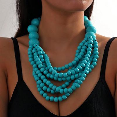 African Style Multi Layer Wooden Bead Necklace, Handmade Beaded Bib Choker For Women, Summer Jewelry Accessories blue
