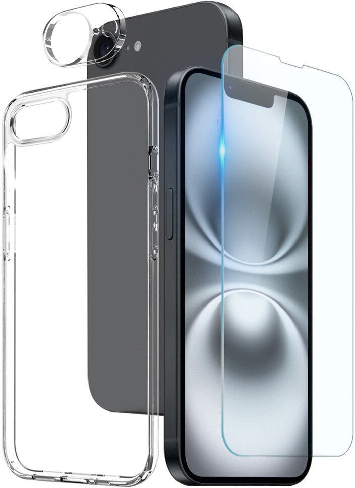 iPhone 17e / 16e NORTHJO 360° Protection Set inkl. Cover & Skærmbeskyttelse & Kameralinsebeskyttelse - Gennemsigtig
