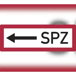 Feuerwehrschild, SPZ (Sprinklerzentrale) mit Pfeil nach links - DIN 4066 - 297x105x0.45 mm Aluminium geprägt