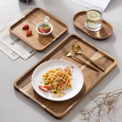 Discount Dollar Deals Natural Acacia Wood Coffee Tray Rectangular Plate For Serving Snacks, Fruits, Dessert, And Tea xl