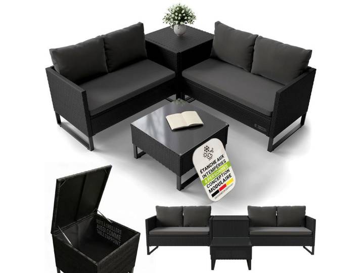 Juskys Salon de jardin lounge Santorini en polyrattan noir/gris – ensemble de mobilier extérieur