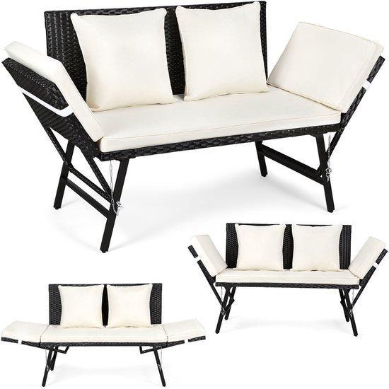 Polyrotan Gartenbank mit Sonnenliege Verstellbare Armlehnen Außen Garten Terrasse Balkon Bank Beige