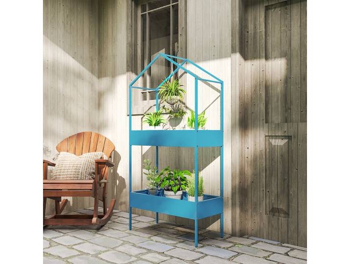 Outsunny Étagère Plantes 2 Niveaux Métal Forme Maison Bleu-Vert