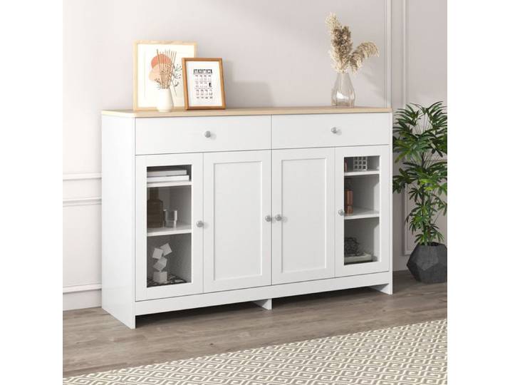 Comfyu - Buffet en bois blanc veiné quatre portes deux tiroirs idéal pour le salon la salle à manger ou l'entrée - Blanc + bois
