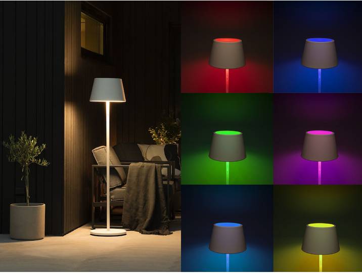 Konstsmide Akku Stehleuchte Pomezia Indoor/Outdoor Regenfest USB weiss Aluminum 11 Lichtfarben Akkulaufzeit bis zu 20h 7824-250