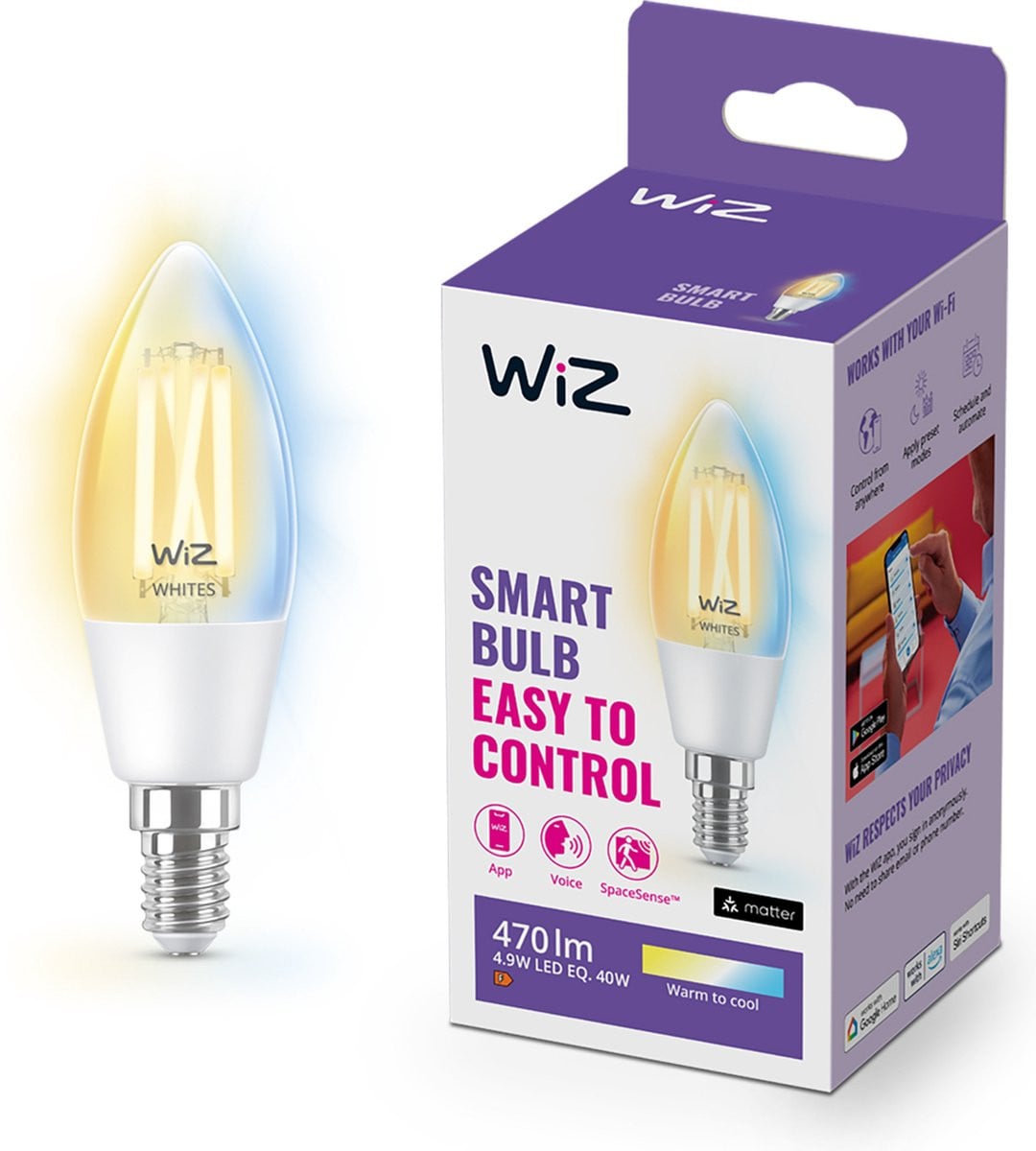 WiZ Filament Kaarslamp Slimme LED Verlichting E14 40W Transparant Warm- tot Koelwit Licht Wi-Fi