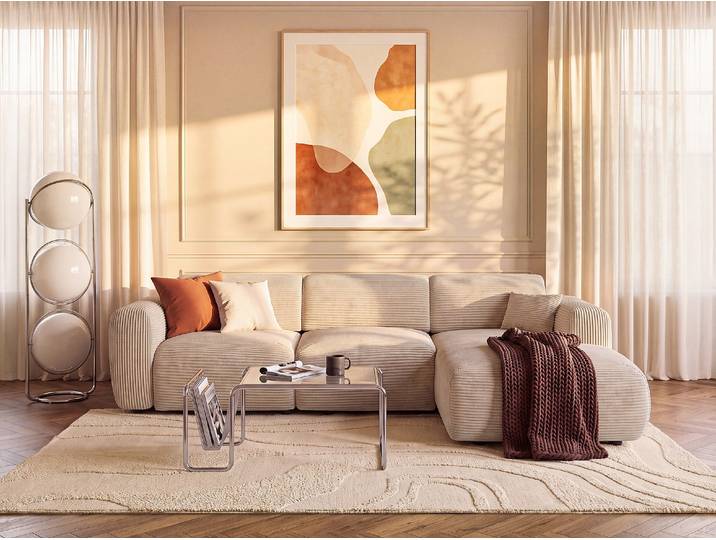 Schlafsofa mit Ecke Rechts aus Cord-Samt in Beige POGNI von Maison Céphy