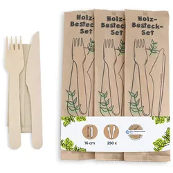 BIOZOYG 250 Stück Einweg-Besteck-Set Partybesteck, Biobesteck, kompostierbar, Holzbesteck Einwegmesser Einweggabeln und Serviette aus Recyclingpapier