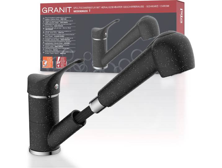 Robinet de cuisine eisl GRANIT avec pulvérisateur pour la vaisselle\, robinet de cuisine basse pression\, robinet de cuisine extractible\, robinet d'évier de couleur noire