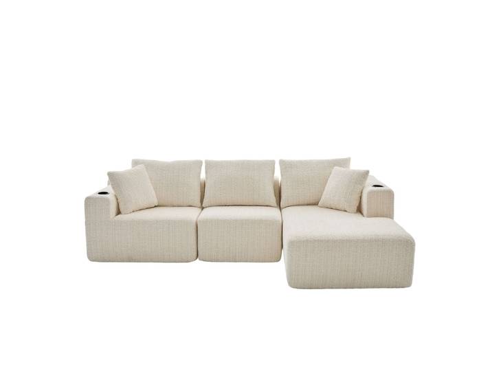 Canapé d’angle 3 places en chenille beige bouclette texturée accoudoir